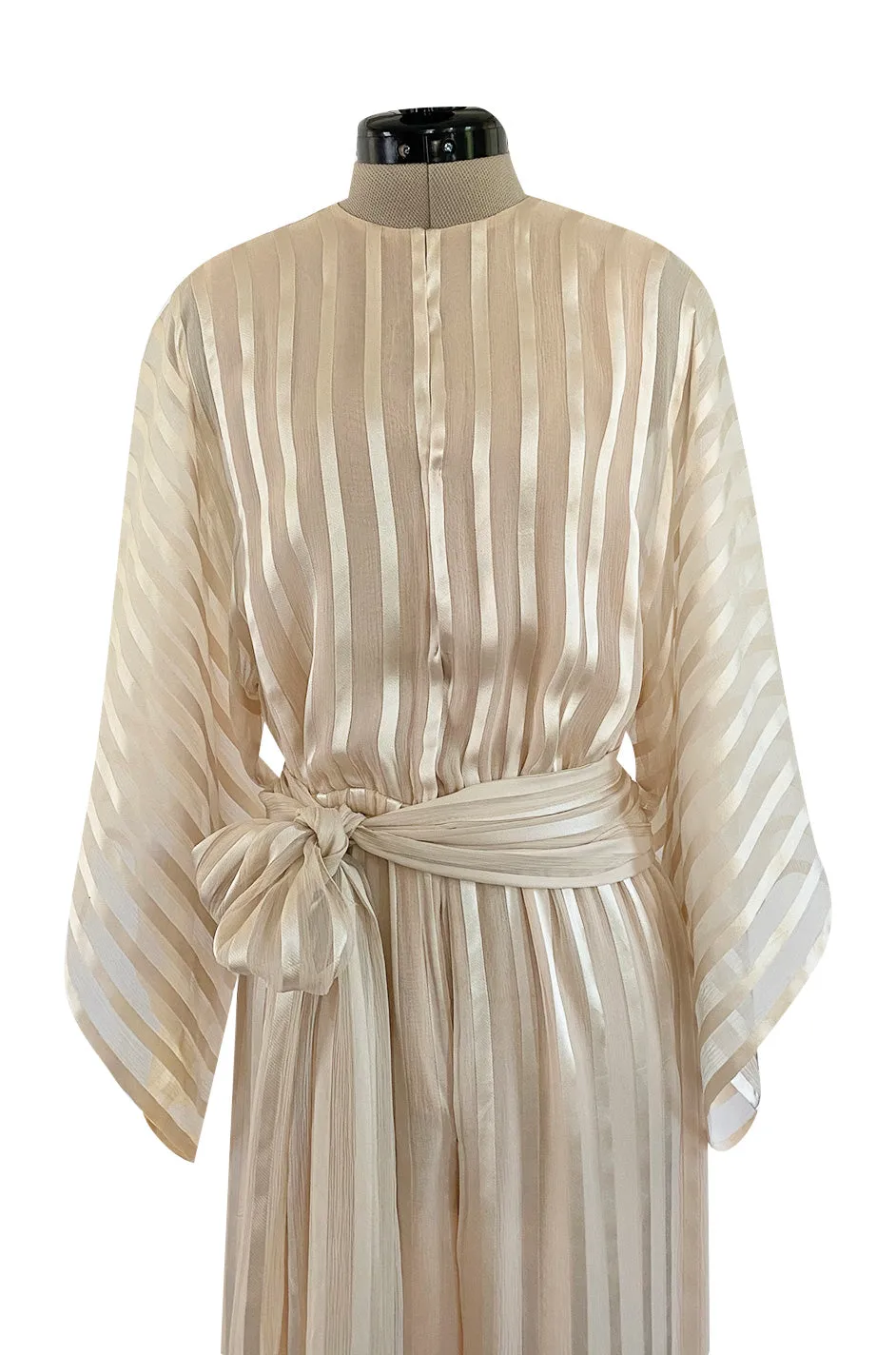 Halston 1976 Ivory Ribbon Silk Chiffon Ivory Jumpsuit w Original Sash