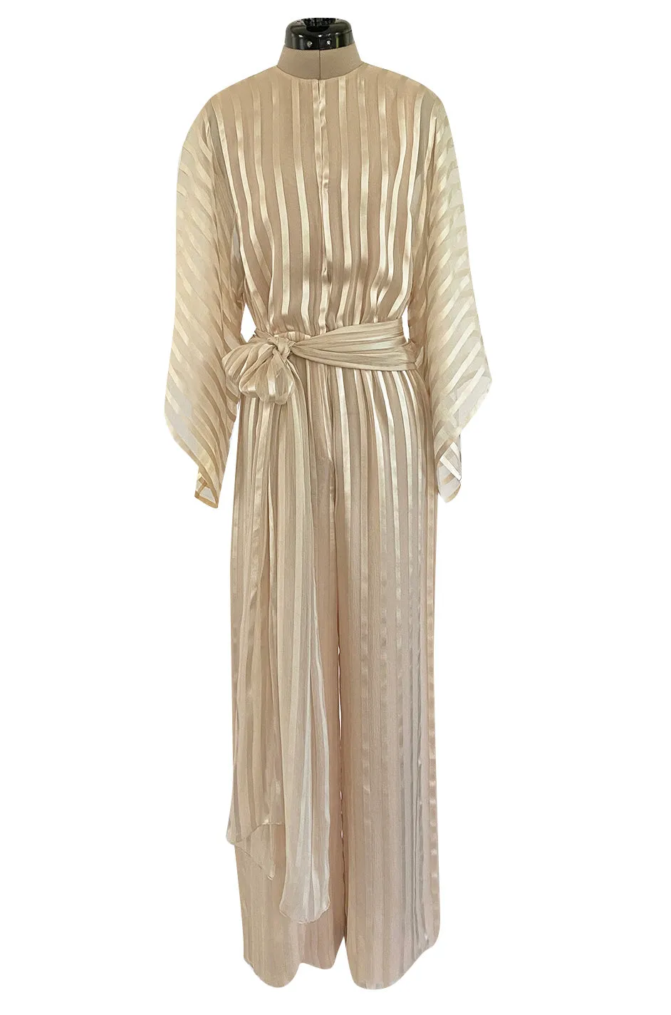 Halston 1976 Ivory Ribbon Silk Chiffon Ivory Jumpsuit w Original Sash