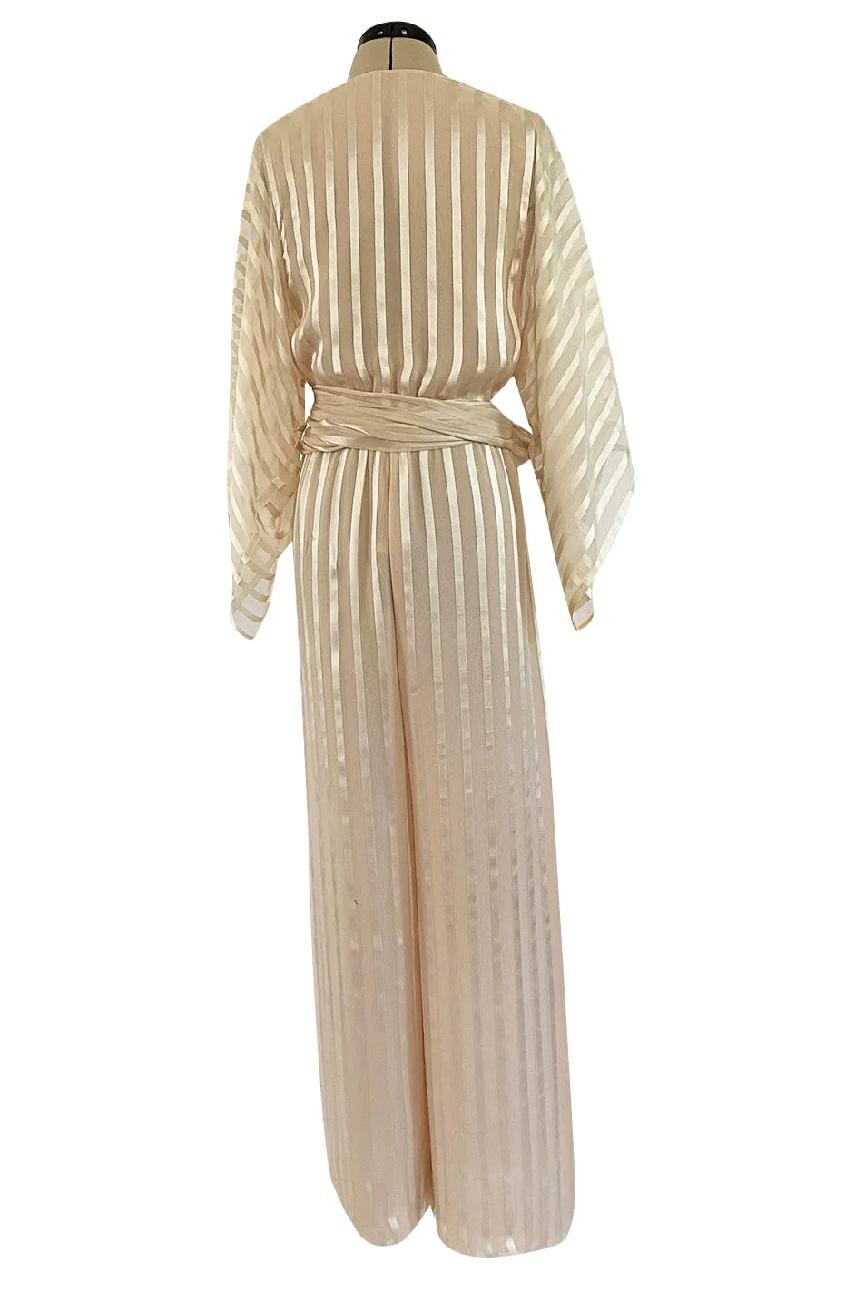 Halston 1976 Ivory Ribbon Silk Chiffon Ivory Jumpsuit w Original Sash