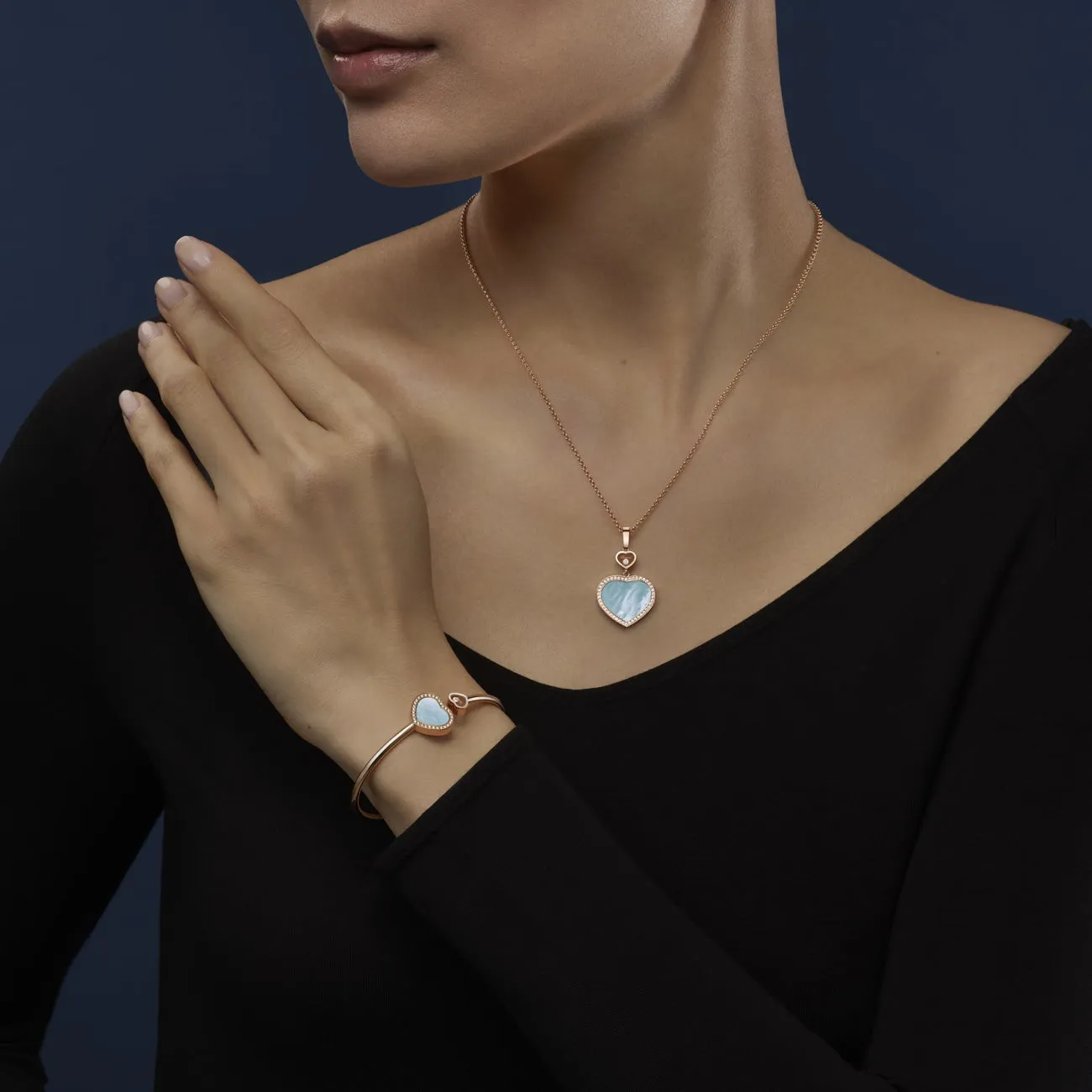 Happy Hearts Ethical Rose Gold Diamond Turquoise Mother of Pearl Pendant Necklace