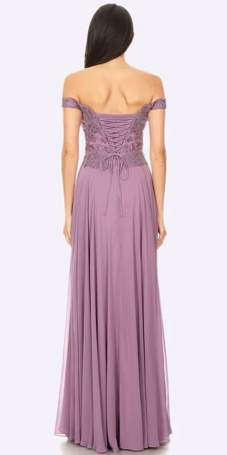 J&J Fashion 3073 Off the Shoulder Formal Dress Floor Length Lace Bodice