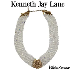 Kenneth Jay Lane Vintage Rhinestone Rose Necklace With Aurora Borealis Strands