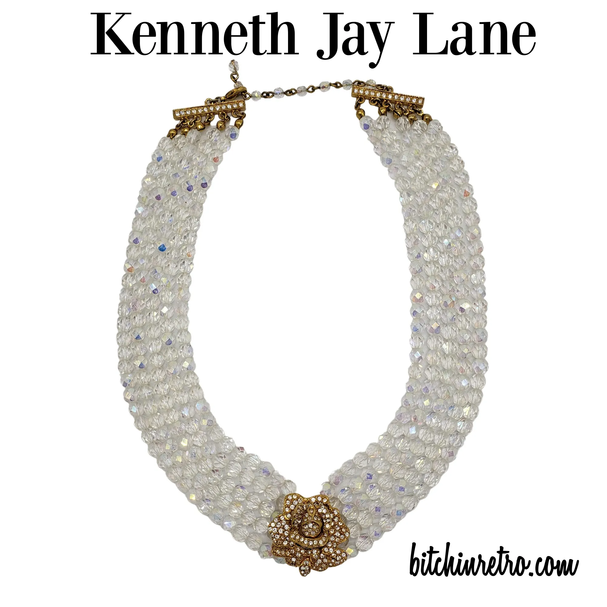 Kenneth Jay Lane Vintage Rhinestone Rose Necklace With Aurora Borealis Strands