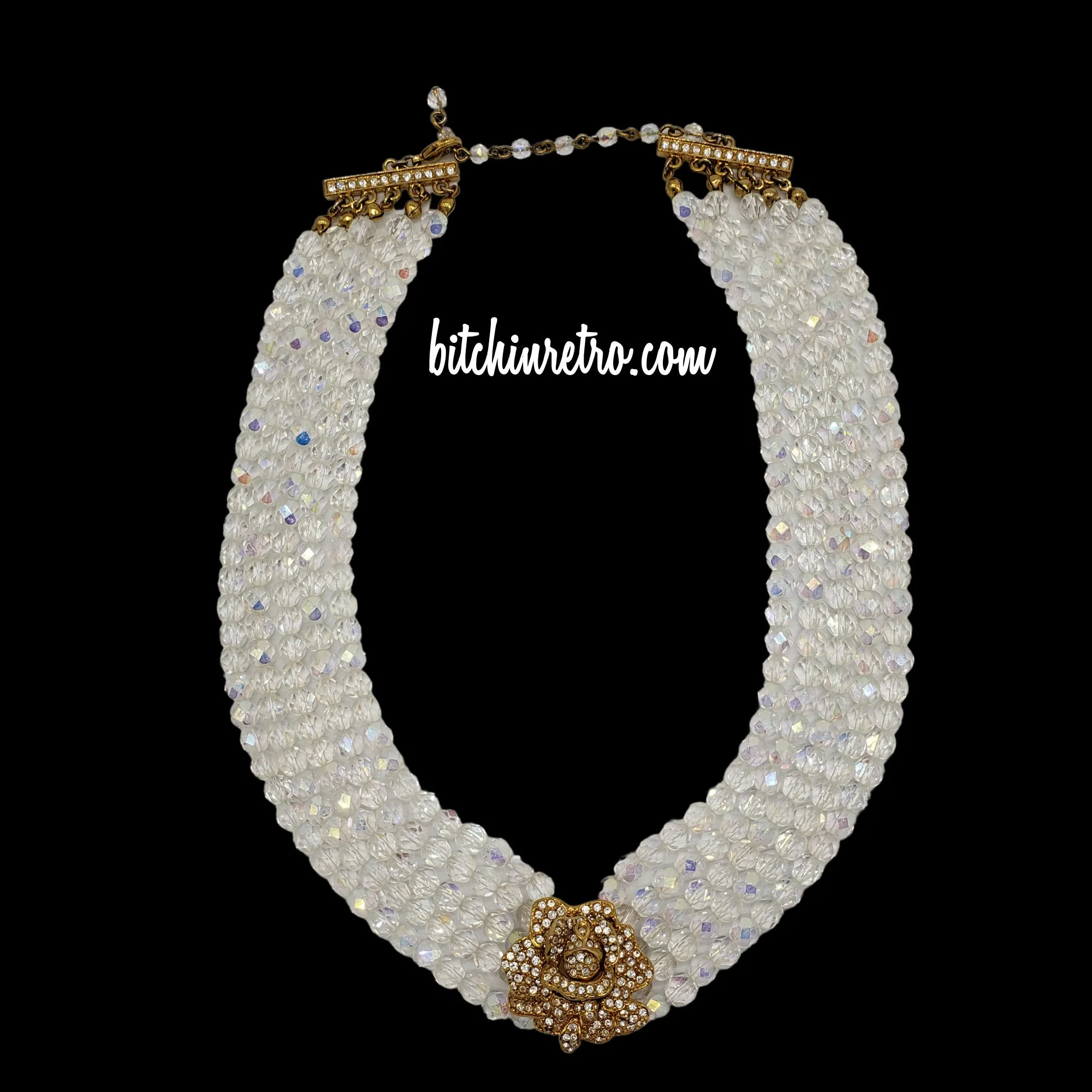 Kenneth Jay Lane Vintage Rhinestone Rose Necklace With Aurora Borealis Strands