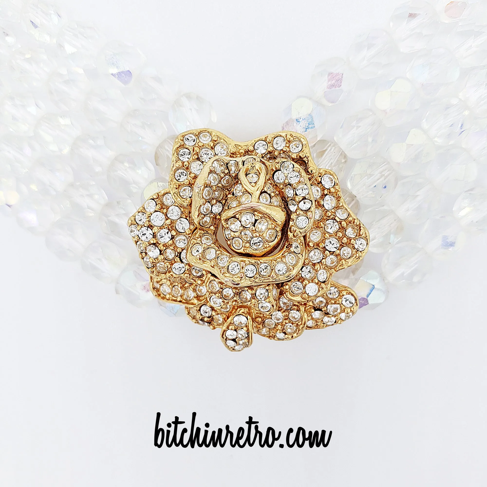 Kenneth Jay Lane Vintage Rhinestone Rose Necklace With Aurora Borealis Strands