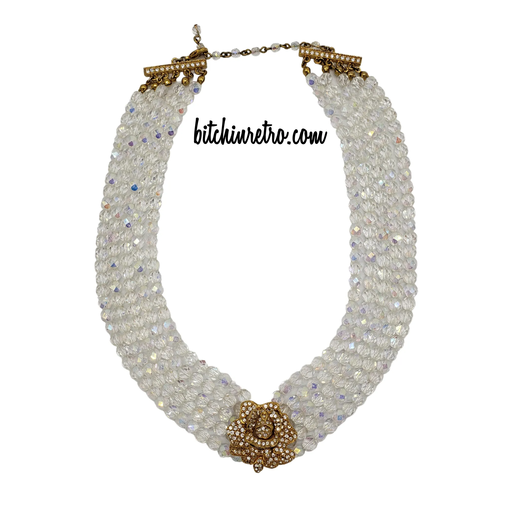 Kenneth Jay Lane Vintage Rhinestone Rose Necklace With Aurora Borealis Strands