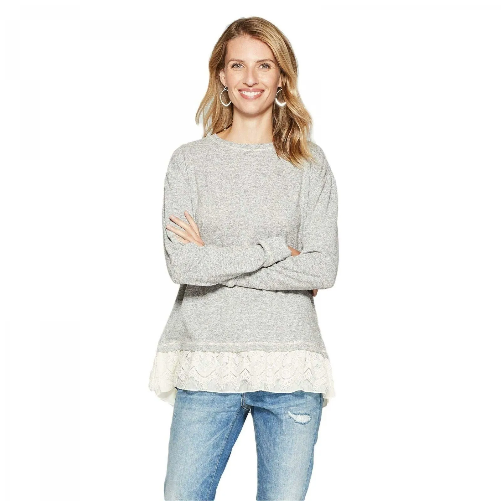Knox Rose Women's Long Sleeve Lace Twofer Sweatshirt