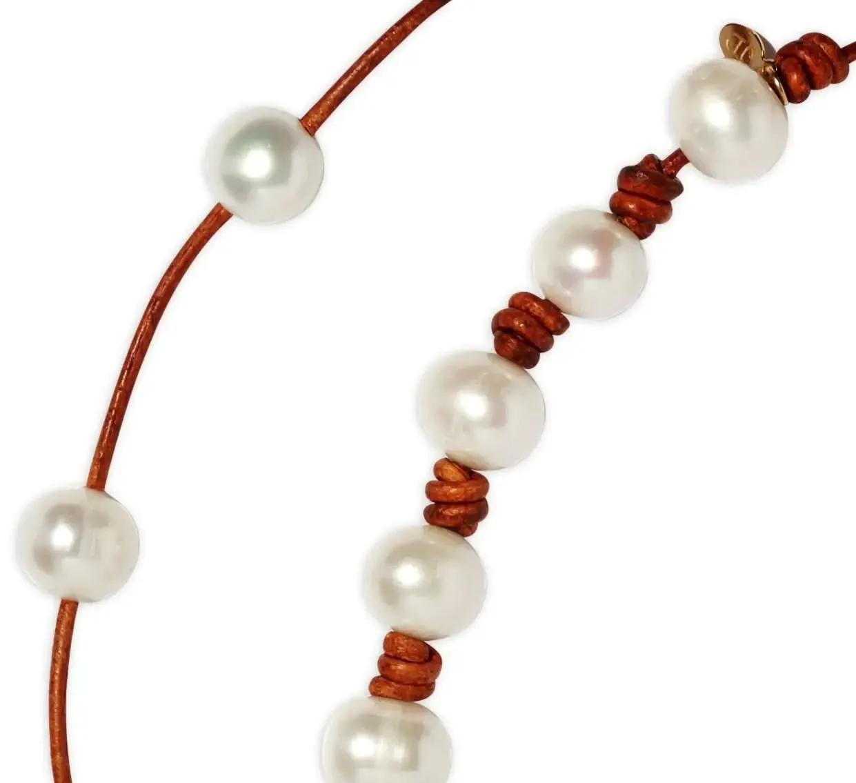 Large Classic Knotted Pearl and Leather Necklace w/ Tail
