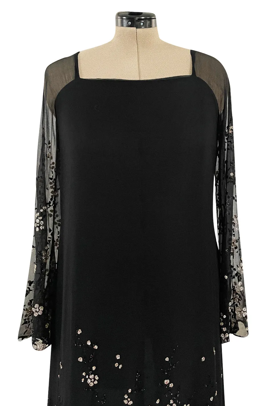 Late 1970s Pauline Trigere Black Silk Chiffon Dress w Silver Fused Glitter Flower Design