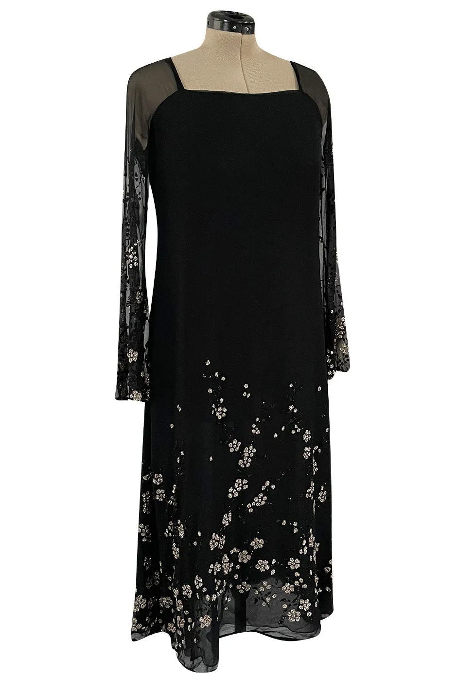 Late 1970s Pauline Trigere Black Silk Chiffon Dress w Silver Fused Glitter Flower Design