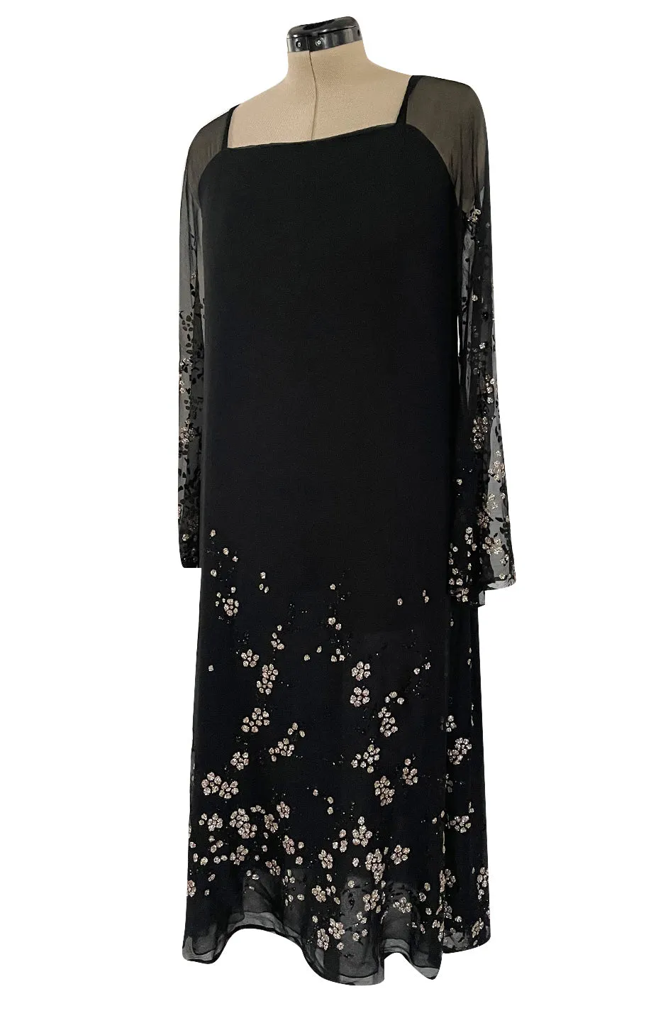 Late 1970s Pauline Trigere Black Silk Chiffon Dress w Silver Fused Glitter Flower Design