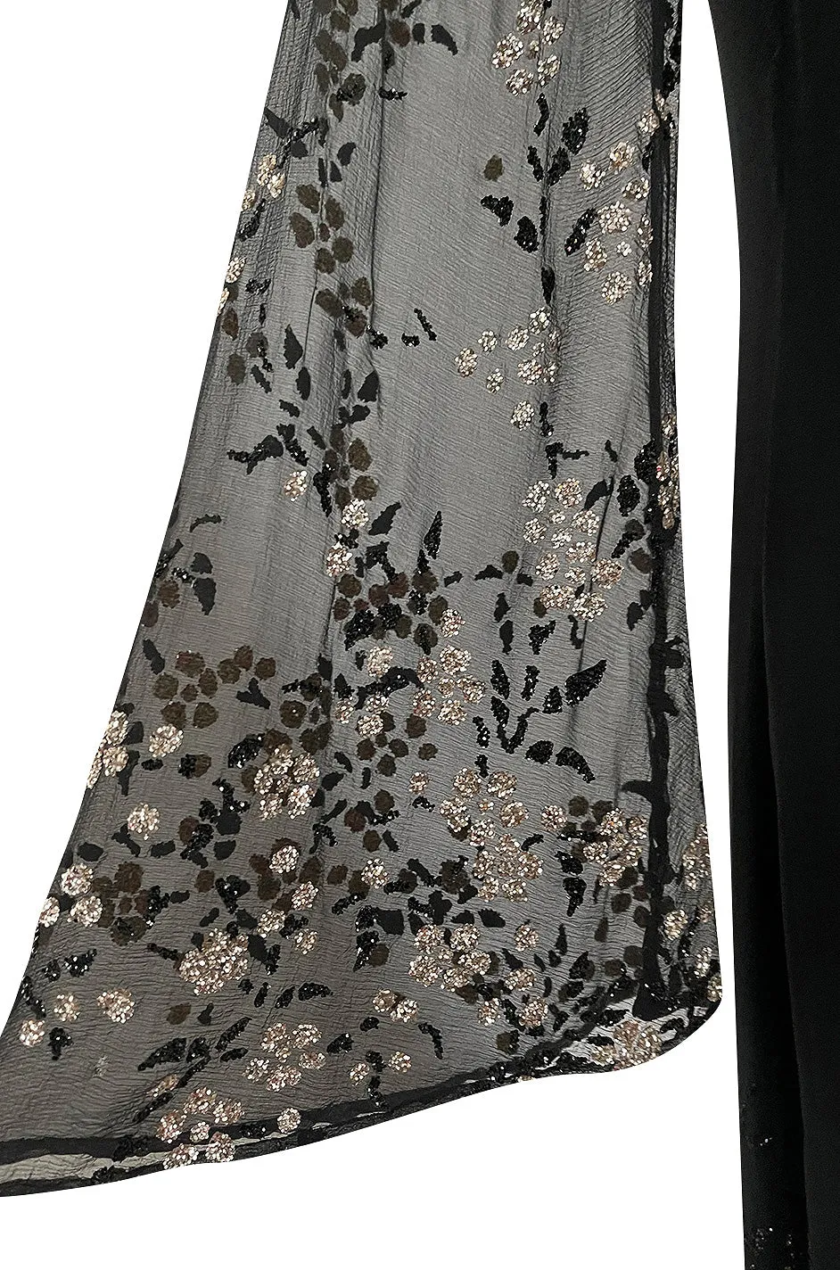 Late 1970s Pauline Trigere Black Silk Chiffon Dress w Silver Fused Glitter Flower Design