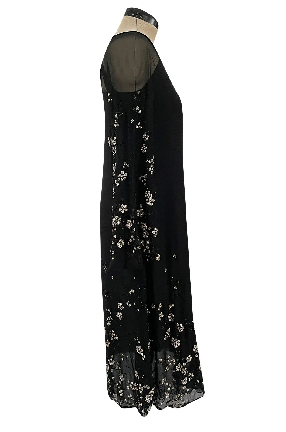 Late 1970s Pauline Trigere Black Silk Chiffon Dress w Silver Fused Glitter Flower Design
