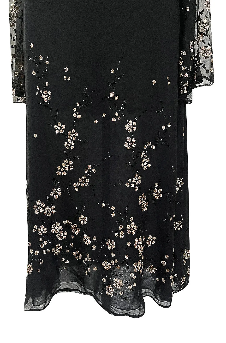 Late 1970s Pauline Trigere Black Silk Chiffon Dress w Silver Fused Glitter Flower Design