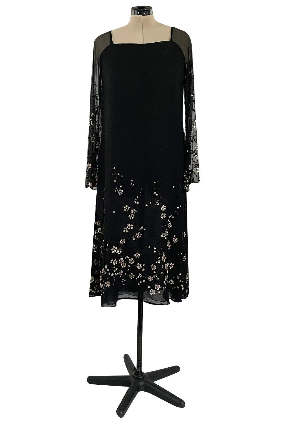 Late 1970s Pauline Trigere Black Silk Chiffon Dress w Silver Fused Glitter Flower Design