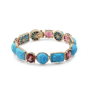 Luxury Hand Carved Turquoise 73.3ct Pink Tourmaline 23.4ct and Diamond 0.20ct Bracelet in 18K Gold