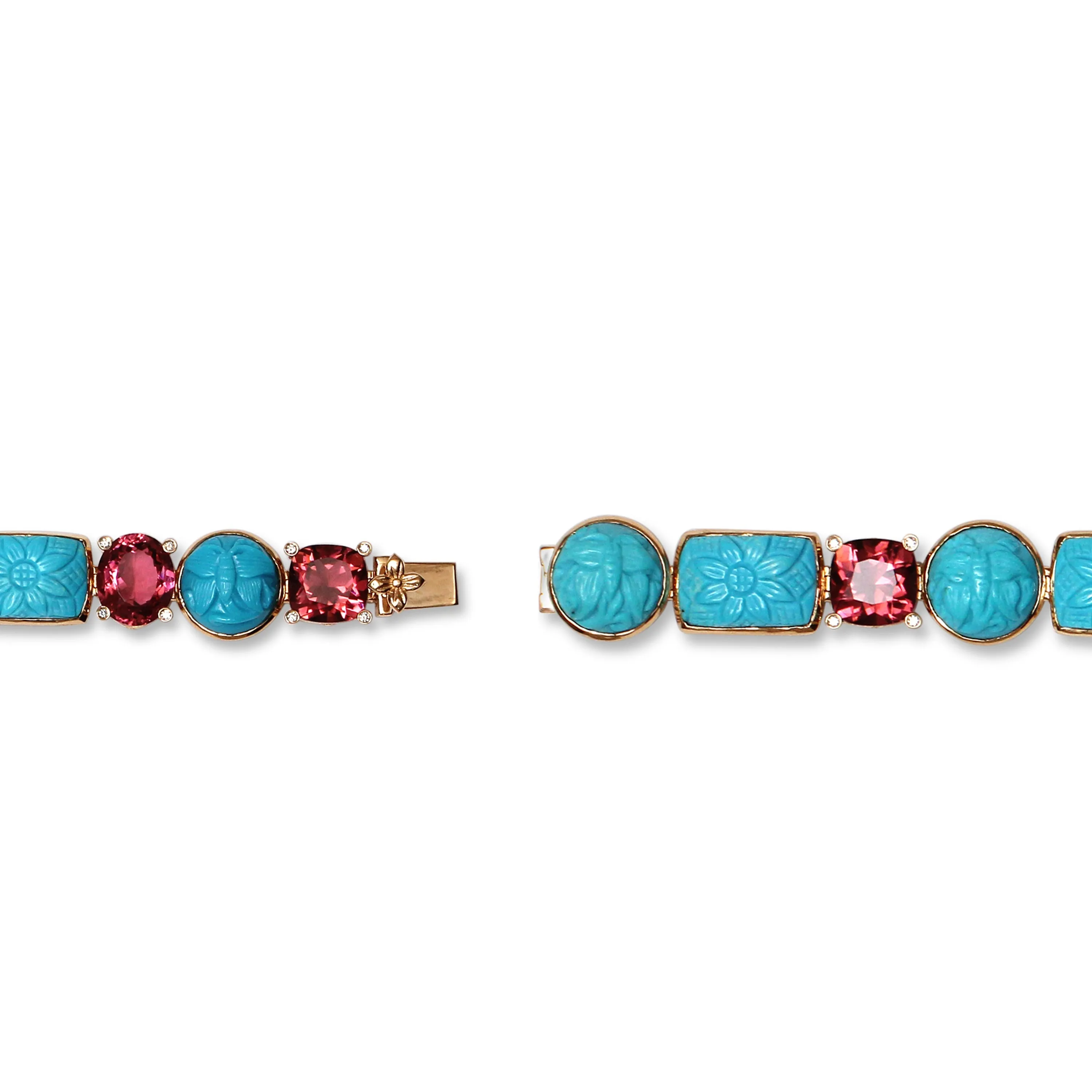 Luxury Hand Carved Turquoise 73.3ct Pink Tourmaline 23.4ct and Diamond 0.20ct Bracelet in 18K Gold
