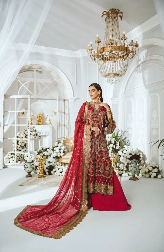 MFD-0002-Radical Red | Maryum N Maria Luxury Chiffon Collection 2021 | Unstitched Embroidered Net Suits