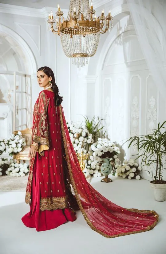 MFD-0002-Radical Red | Maryum N Maria Luxury Chiffon Collection 2021 | Unstitched Embroidered Net Suits