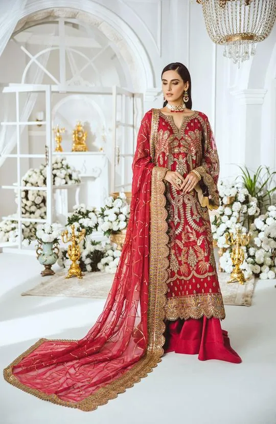MFD-0002-Radical Red | Maryum N Maria Luxury Chiffon Collection 2021 | Unstitched Embroidered Net Suits