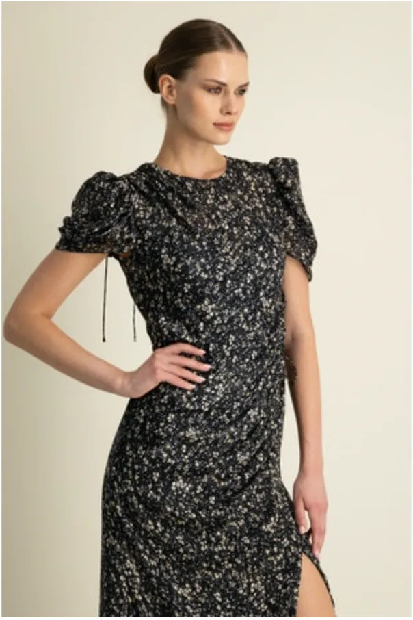 Monique Lhuillier - Short Sleeve Dress - Jet Field of Ditzies
