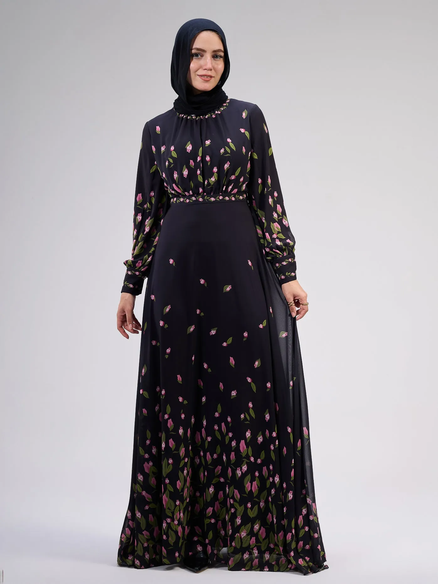 Muneera Evelyn Chiffon Floral Maxi Dress with Empire Waist and Flared Sleeves