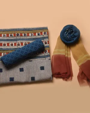 Off White With Blue Pure Cotton Hand Block Printed With Embroidery Unstitched Suit Fabric Set WIth Chiffon Hand Block Printed Dupatta