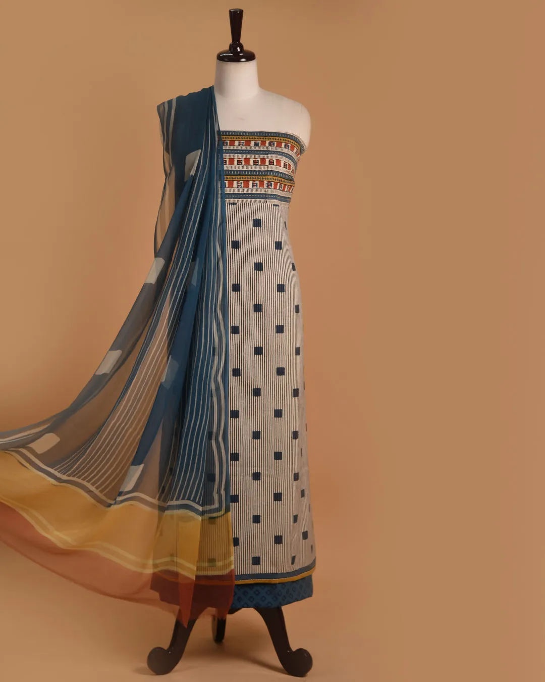 Off White With Blue Pure Cotton Hand Block Printed With Embroidery Unstitched Suit Fabric Set WIth Chiffon Hand Block Printed Dupatta