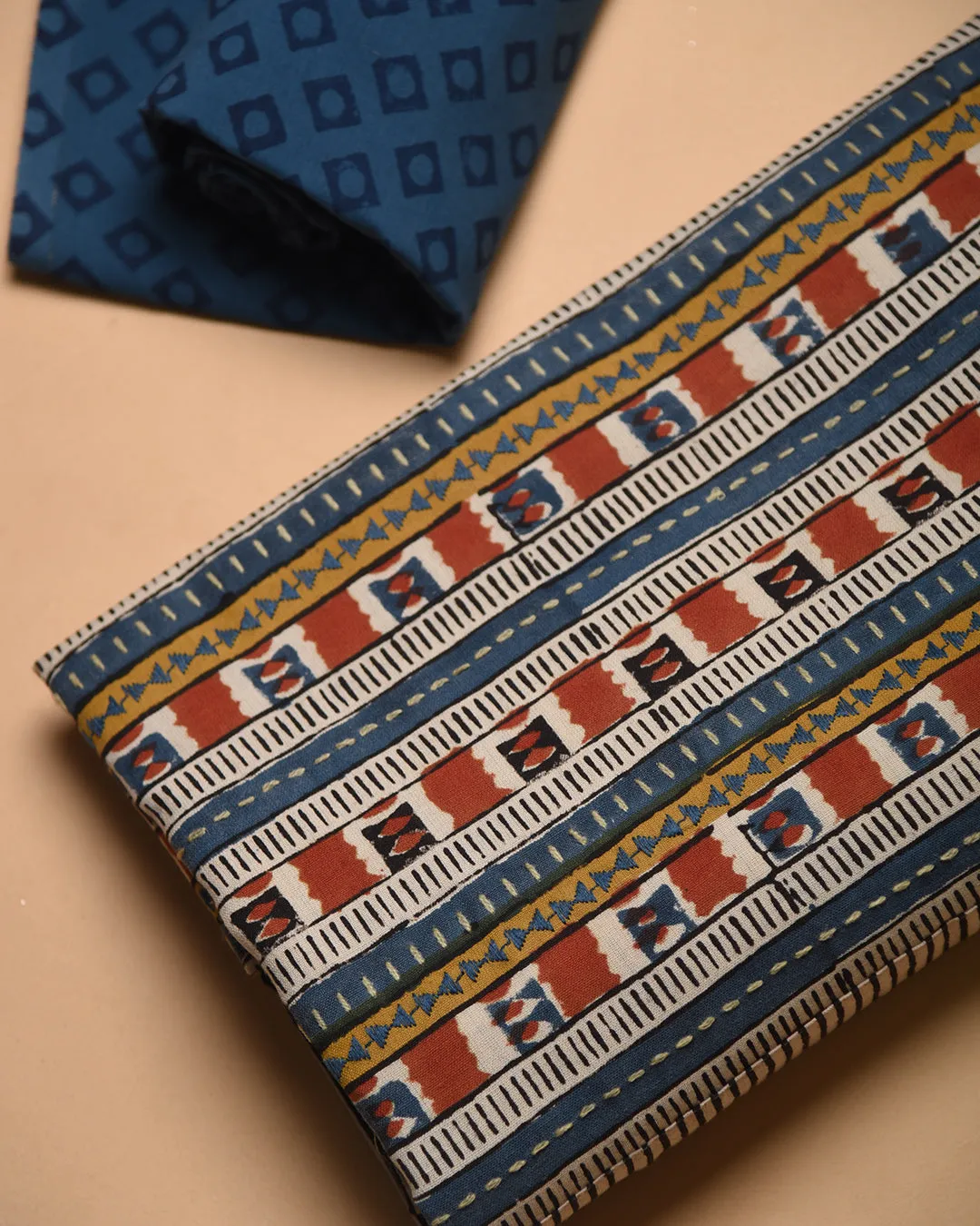 Off White With Blue Pure Cotton Hand Block Printed With Embroidery Unstitched Suit Fabric Set WIth Chiffon Hand Block Printed Dupatta
