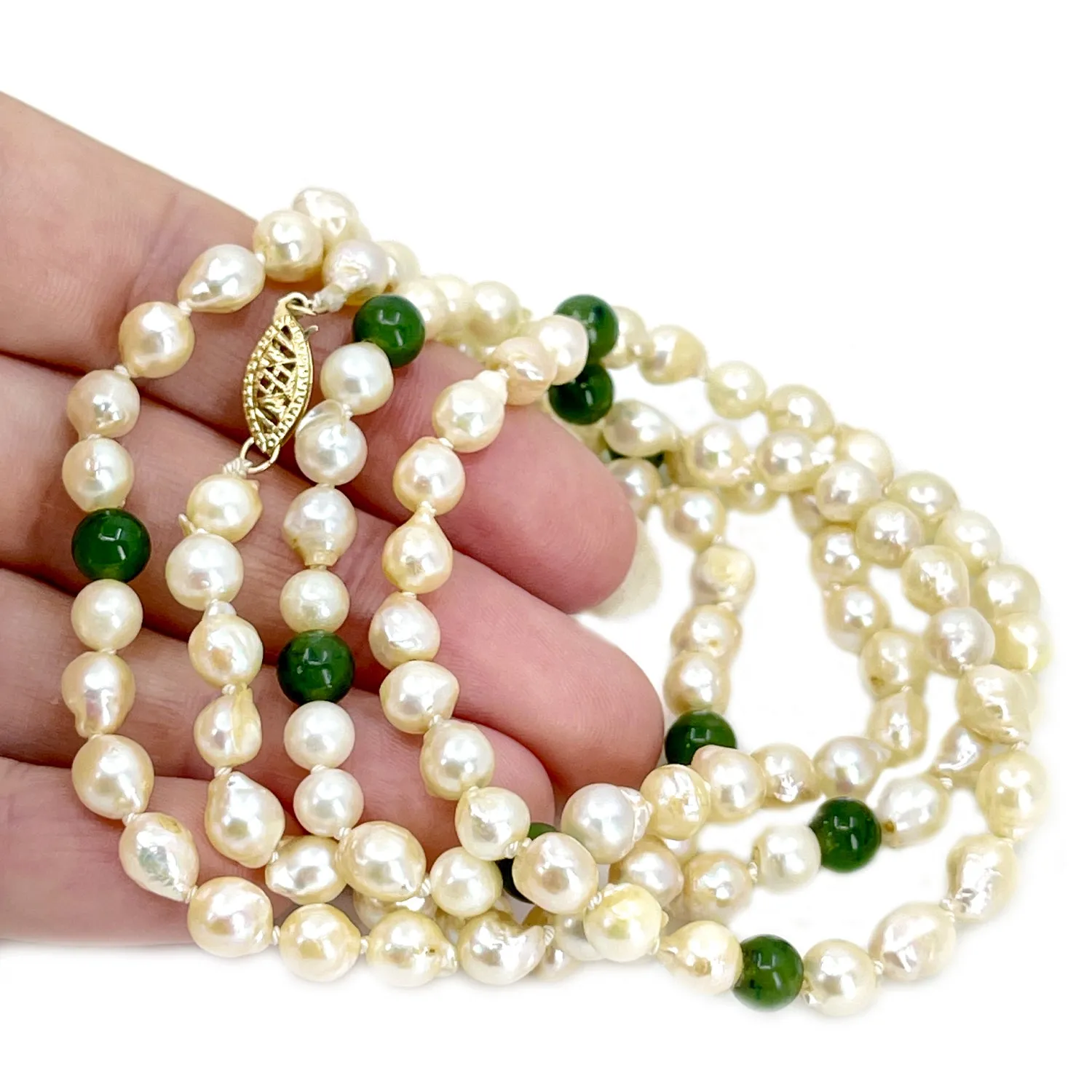 Opera Length Dark Green Jade Japanese Saltwater Cultured Akoya Pearl Strand- 14K Yellow Gold 30.50 Inch
