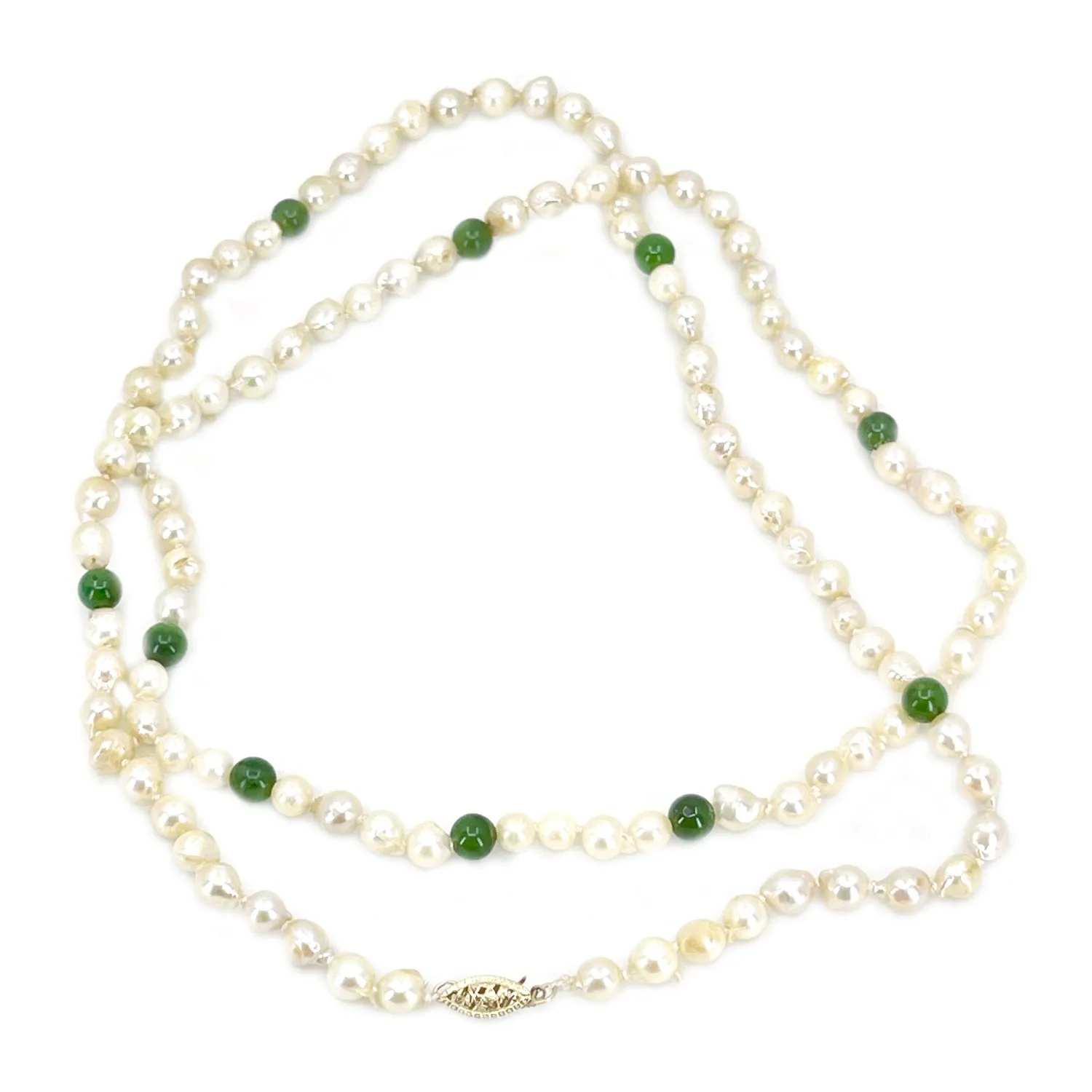 Opera Length Dark Green Jade Japanese Saltwater Cultured Akoya Pearl Strand- 14K Yellow Gold 30.50 Inch