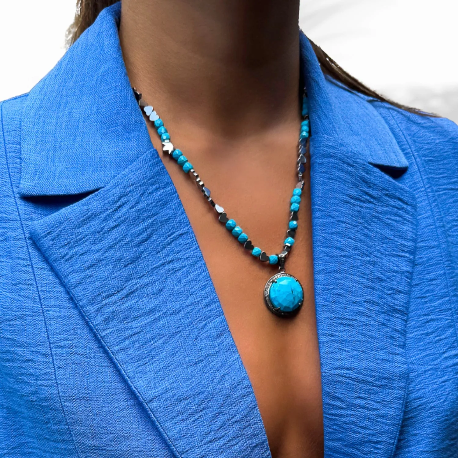 Pave Diamond & Turquoise Gemstone Pendant Silver Heart Hematite Stone Beaded Necklace