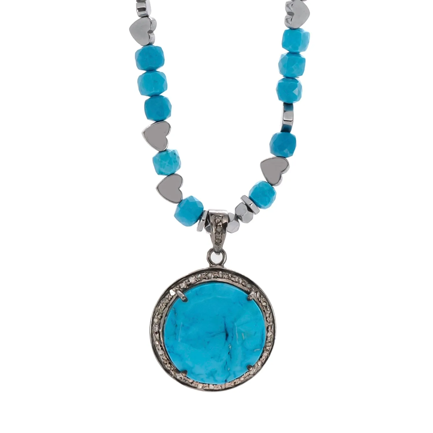 Pave Diamond & Turquoise Gemstone Pendant Silver Heart Hematite Stone Beaded Necklace