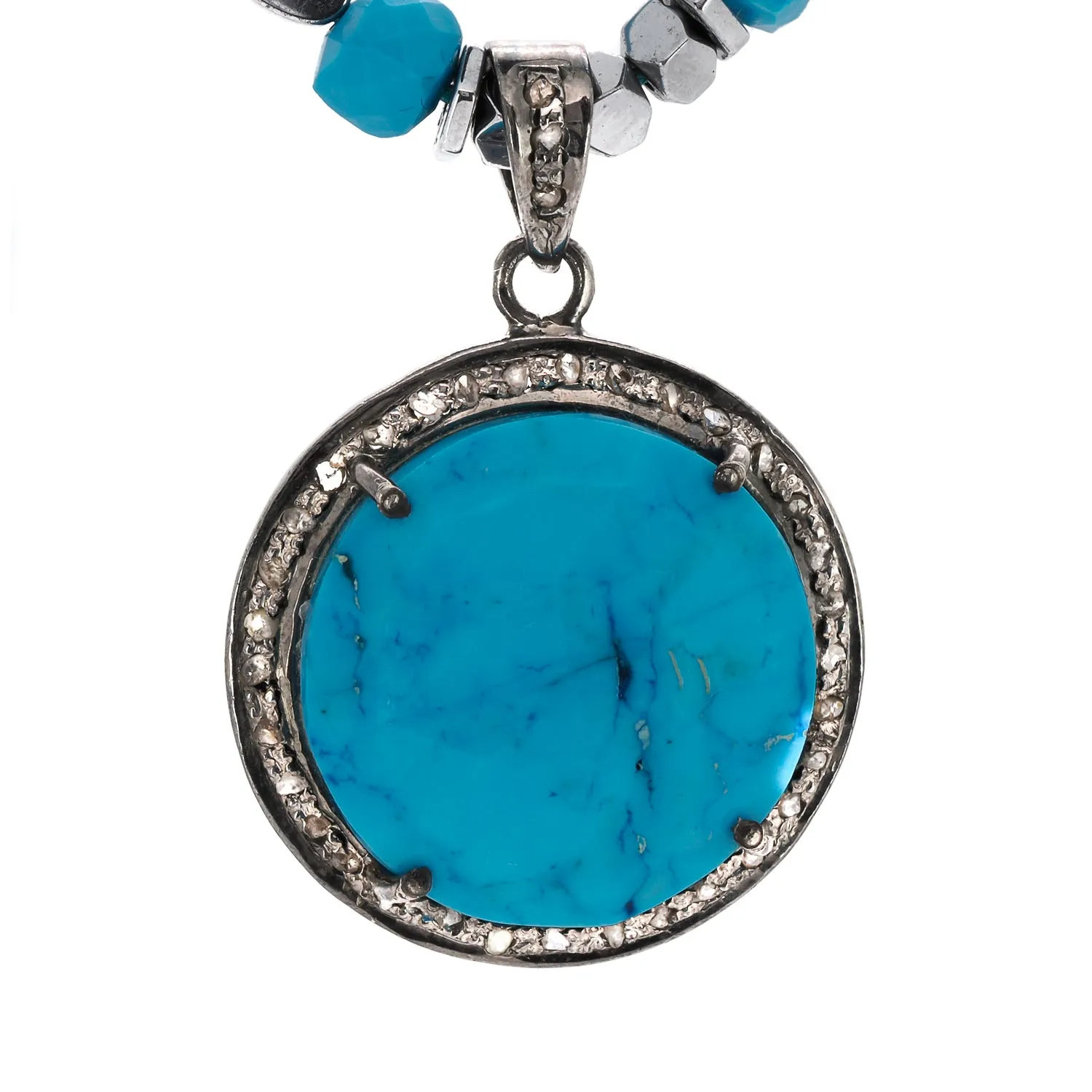 Pave Diamond & Turquoise Gemstone Pendant Silver Heart Hematite Stone Beaded Necklace
