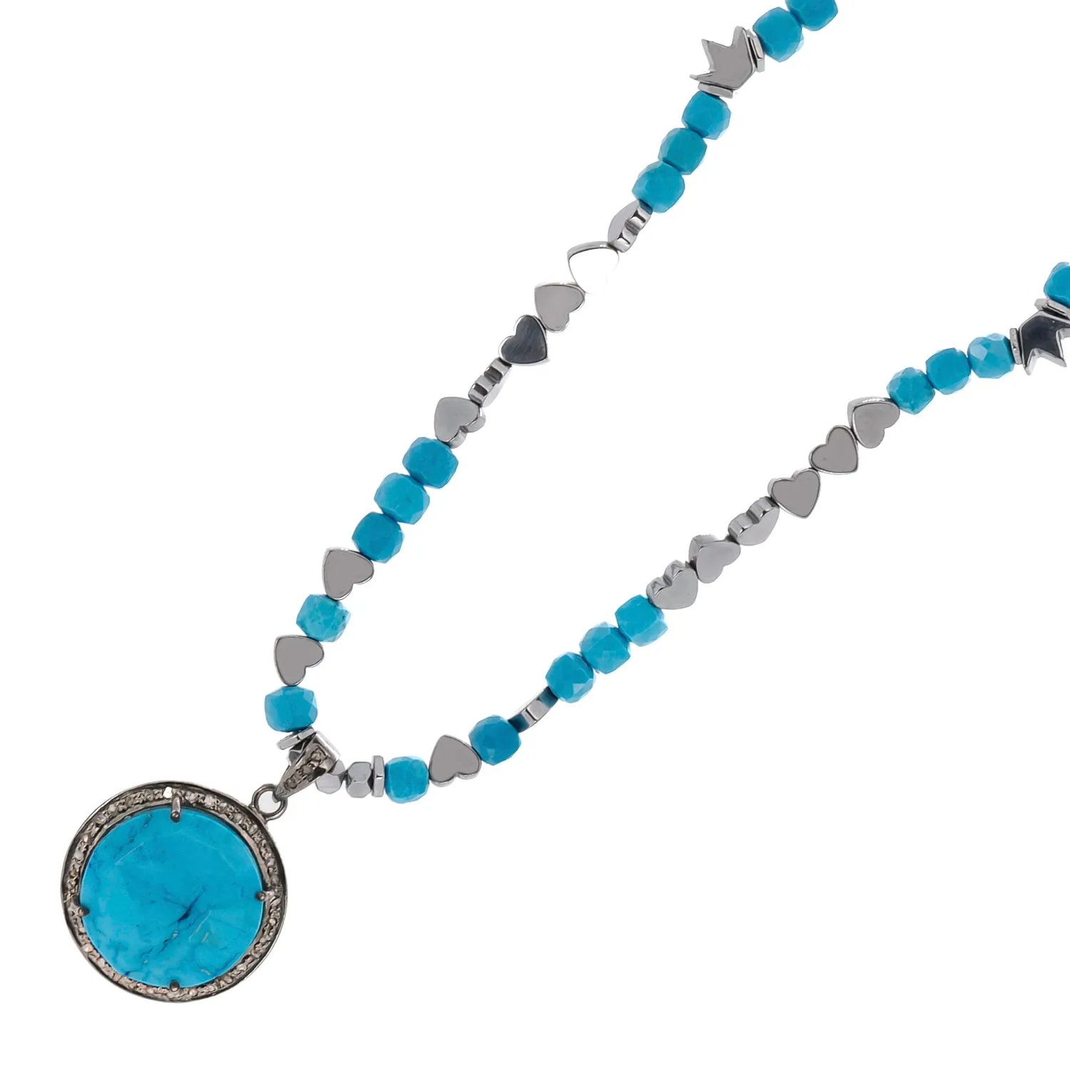 Pave Diamond & Turquoise Gemstone Pendant Silver Heart Hematite Stone Beaded Necklace
