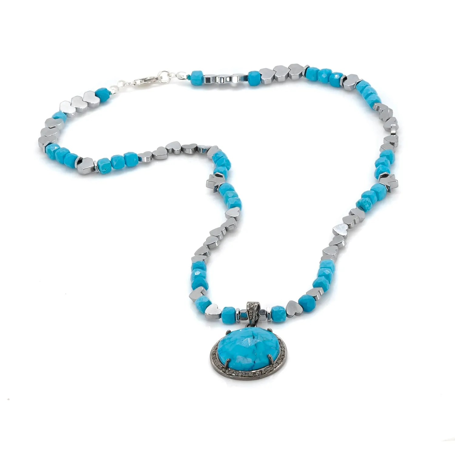 Pave Diamond & Turquoise Gemstone Pendant Silver Heart Hematite Stone Beaded Necklace