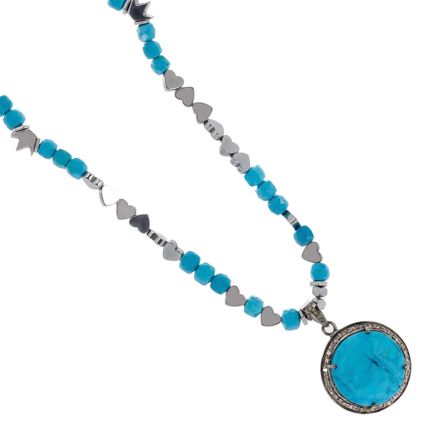 Pave Diamond & Turquoise Gemstone Pendant Silver Heart Hematite Stone Beaded Necklace