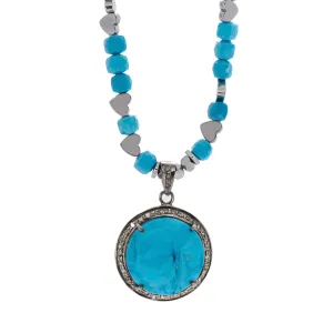 Pave Diamond & Turquoise Gemstone Pendant Silver Heart Hematite Stone Beaded Necklace