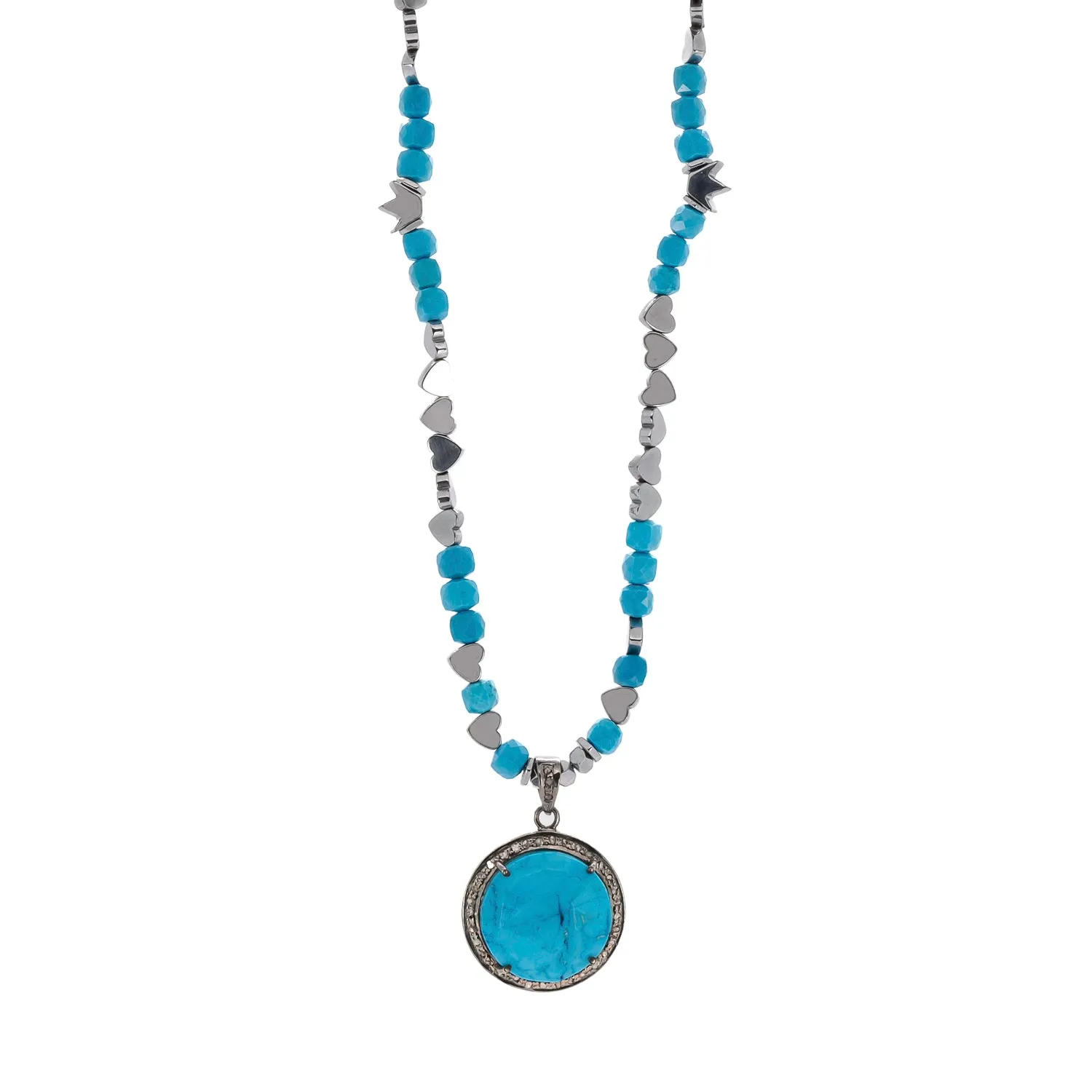 Pave Diamond & Turquoise Gemstone Pendant Silver Heart Hematite Stone Beaded Necklace