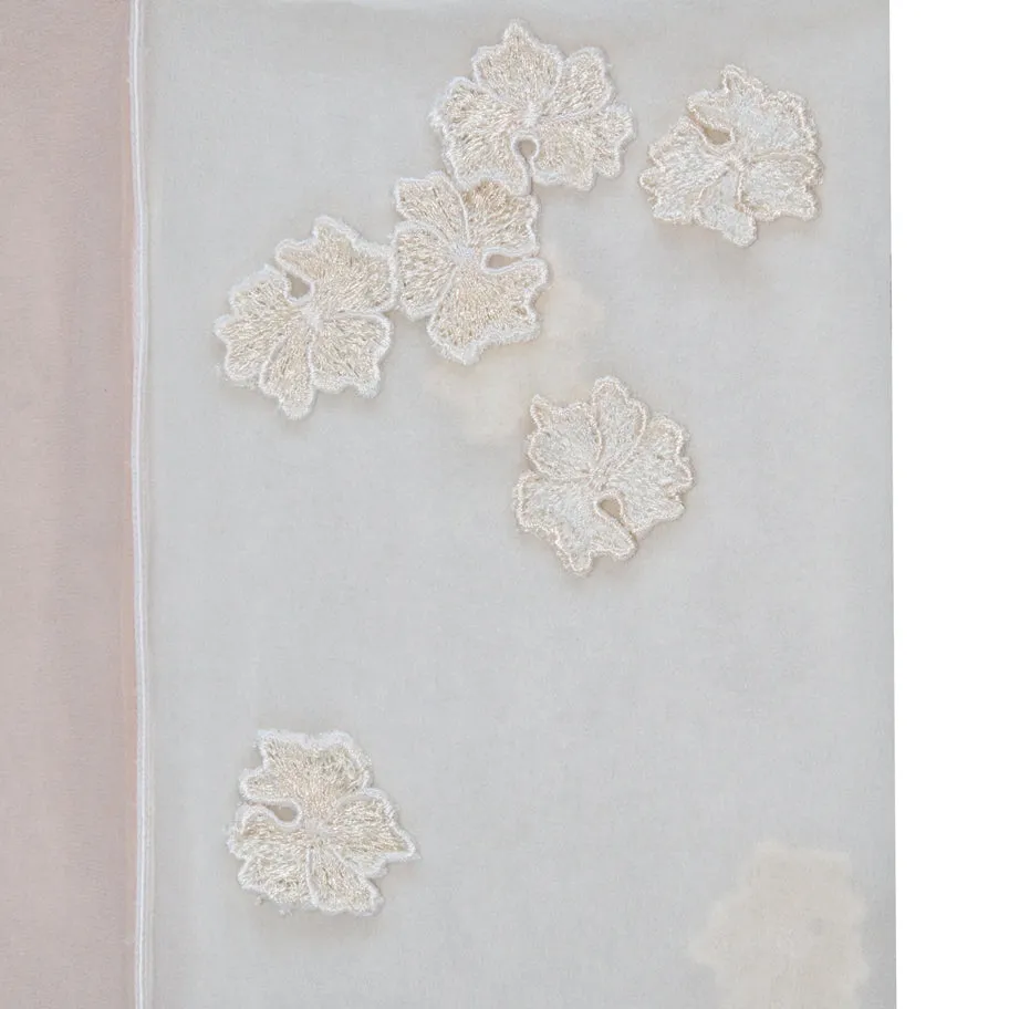 Petal Pink and White Silk Chiffon Scarf with Embroidery Flower Detail