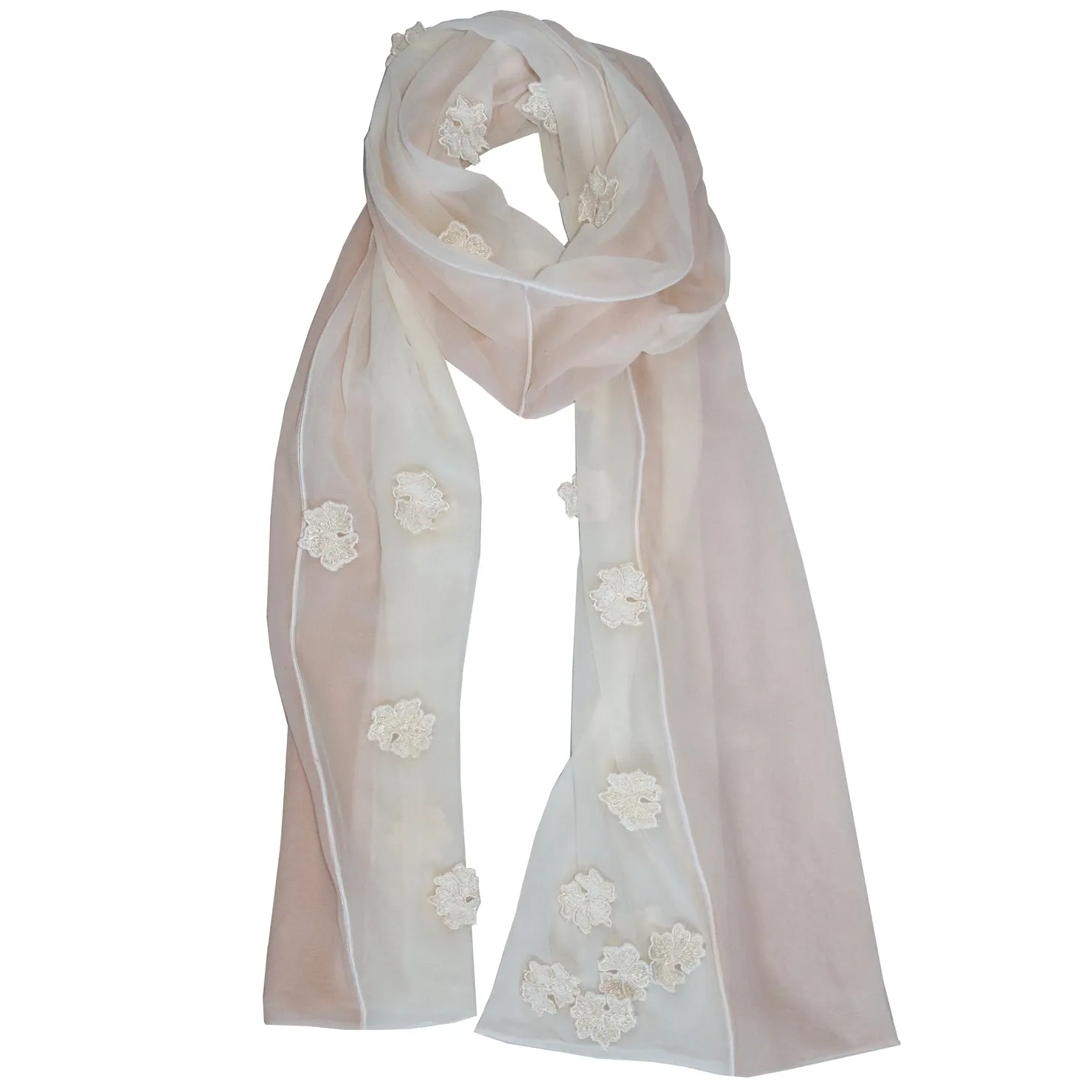 Petal Pink and White Silk Chiffon Scarf with Embroidery Flower Detail