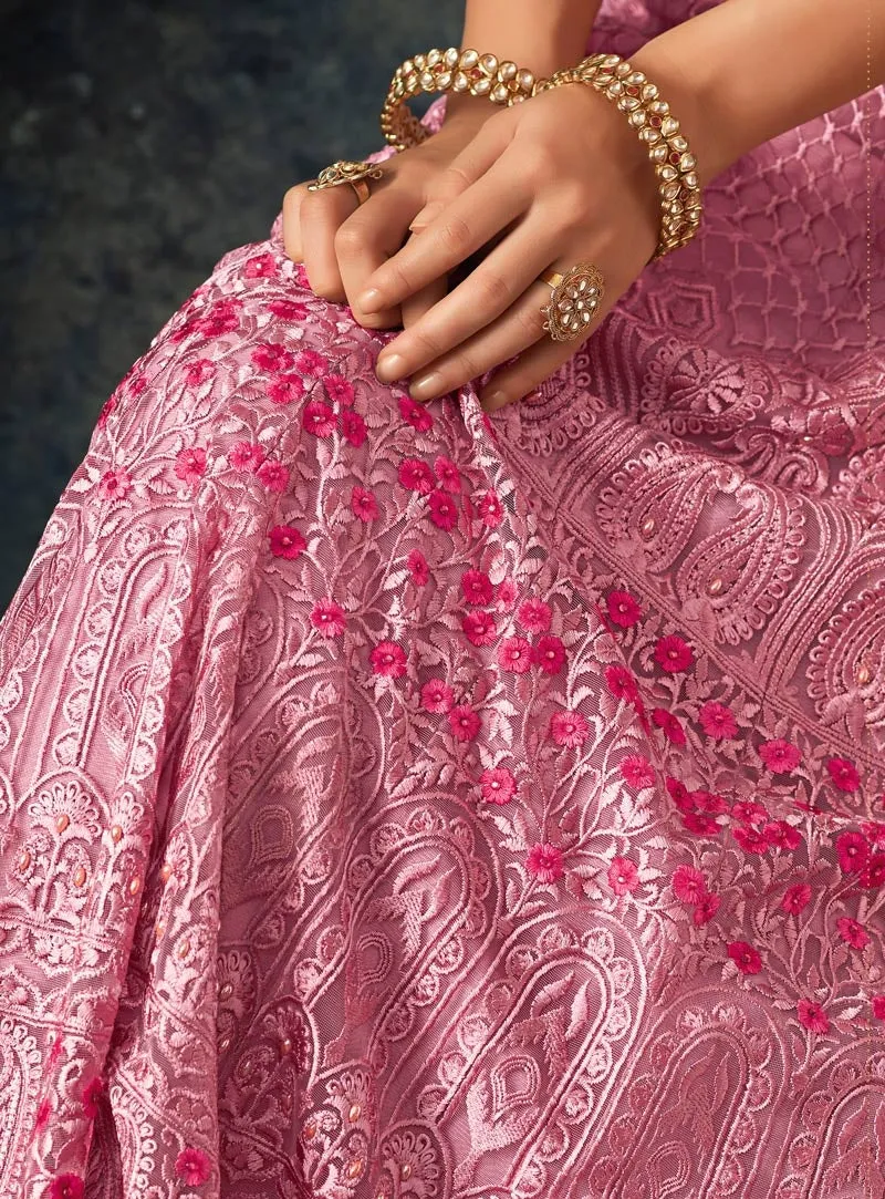 Pink Overall Floral Embroidered Flared Anarkali Suit