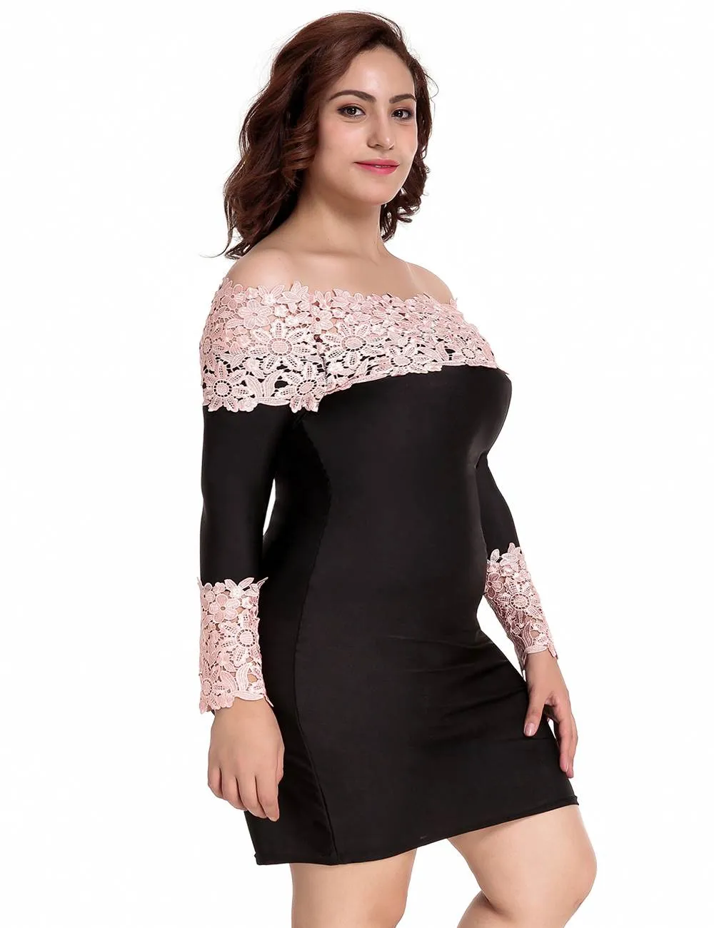 Plus Size Long Sleeve Off-Shoulder Fashion Lace Dress