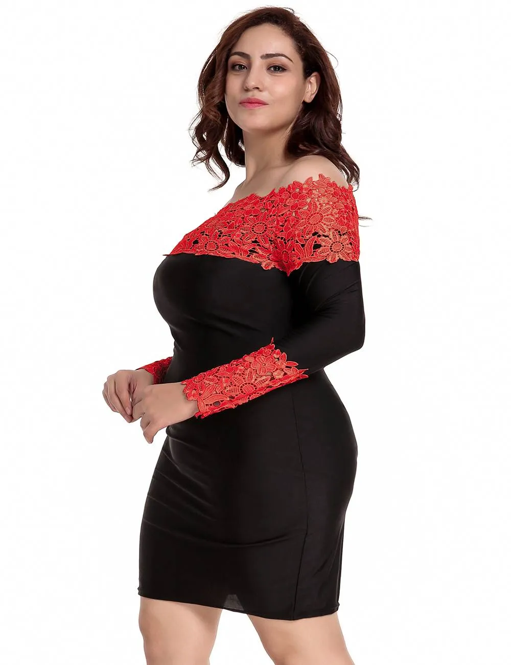 Plus Size Long Sleeve Off-Shoulder Fashion Lace Dress