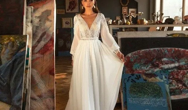 Puffy Long Sleeve Dress Women Boho Wedding Dresses  Vestido Sexy Bridal Wedding Gown V-Neck Backless Lace Bodice
