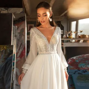 Puffy Long Sleeve Dress Women Boho Wedding Dresses  Vestido Sexy Bridal Wedding Gown V-Neck Backless Lace Bodice