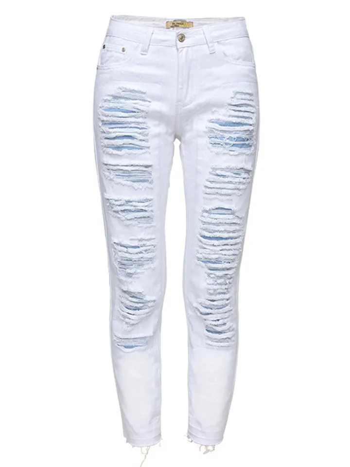 Punk Style Fashion Ripped Loose Women White Denim Jeans