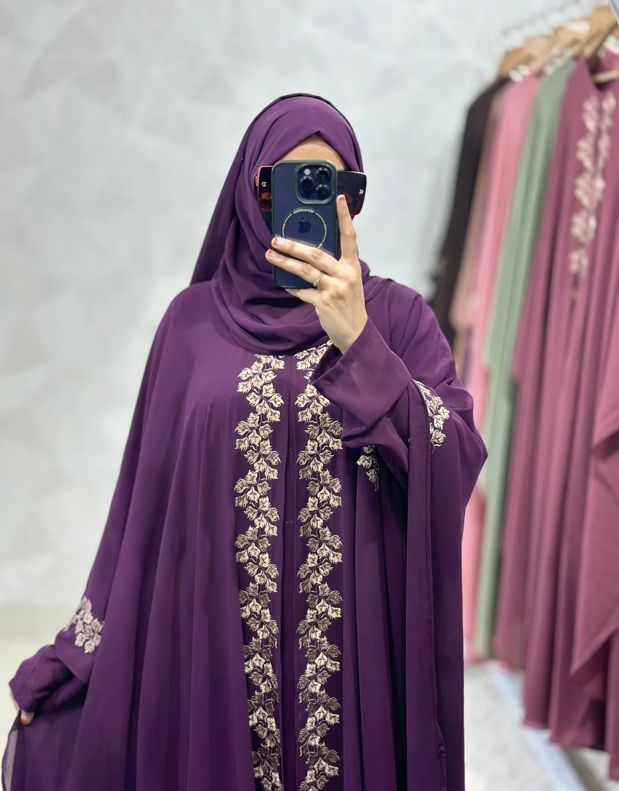 Purple Abaya Kaftan Burqa - Indonesian Diamond Chiffon, Floral & Dubai Style
