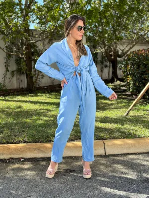 "Dulce" Long Sleeve Open Front Tie Denim Tencel Jumpsuit.