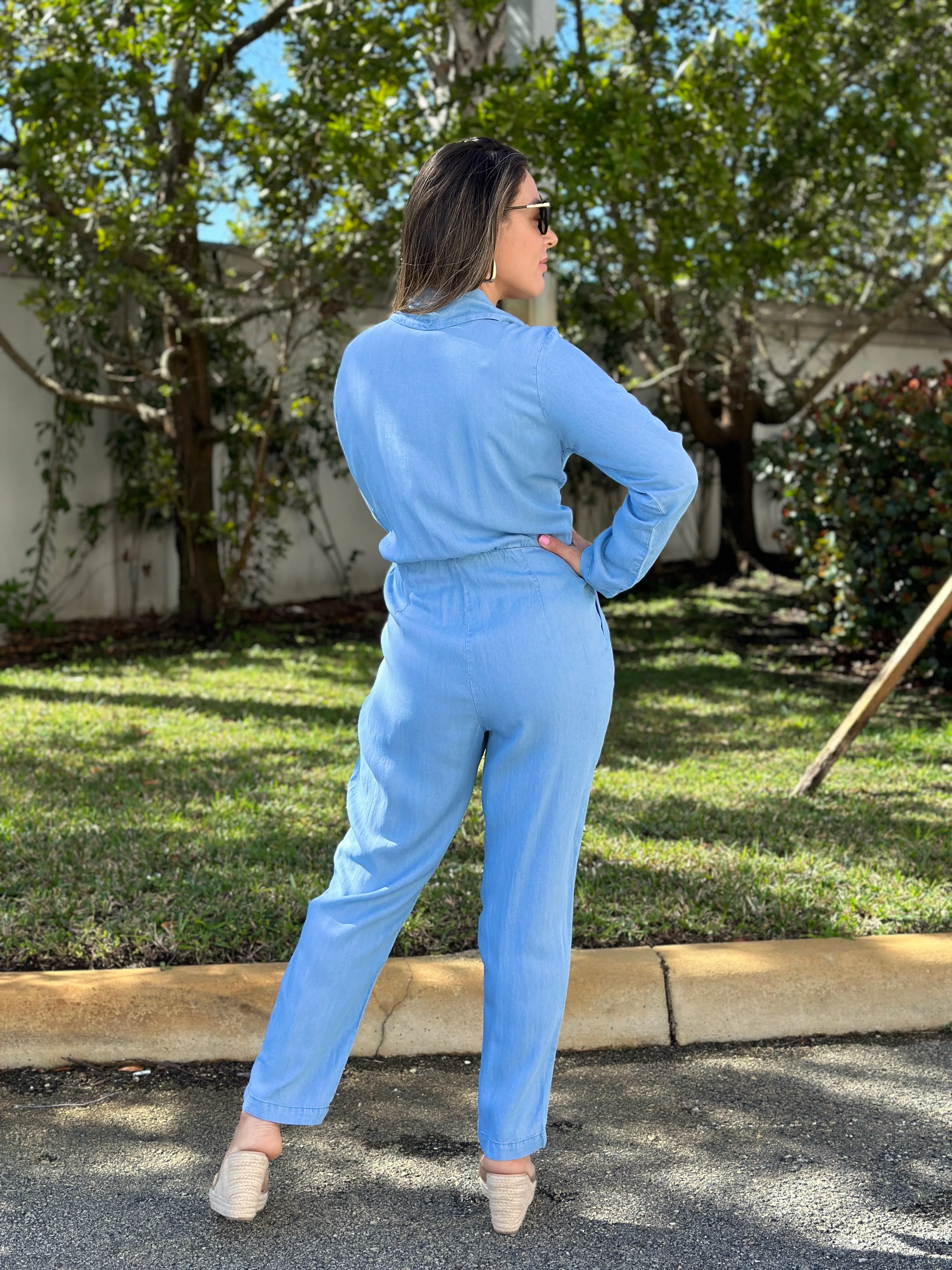 "Dulce" Long Sleeve Open Front Tie Denim Tencel Jumpsuit.
